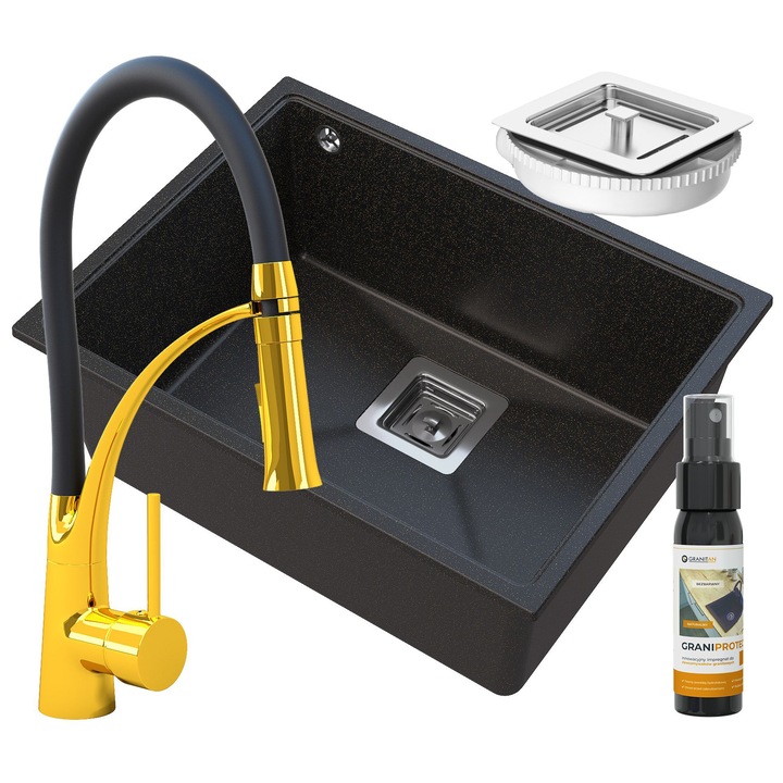 Комплект мивка Granitan, Гранит, Монтаж под плот, 55x42 см, Черен/Златист цвят