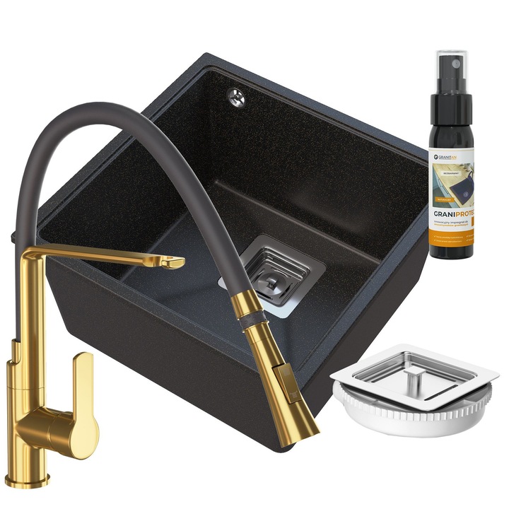 Комплект мивка Granitan, Гранит, Монтаж под плот, 42x42 см, Черен/Златист