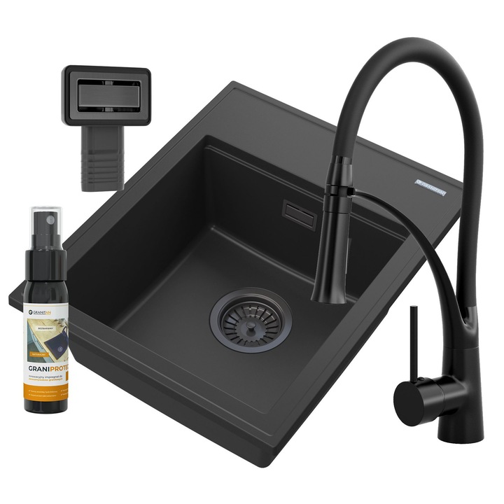 Комплект мивки Granitan, Гранит, Монтаж на плот, 50x40 см, Черен