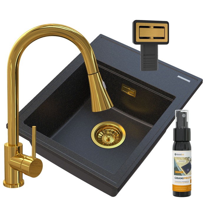 Pachet chiuveta bucatarie Alor + Baterie Vegas, Granitan, Compozit granit, 505x405 mm, Adancime 185 mm, Montare pe blat, Negru cu pete albe