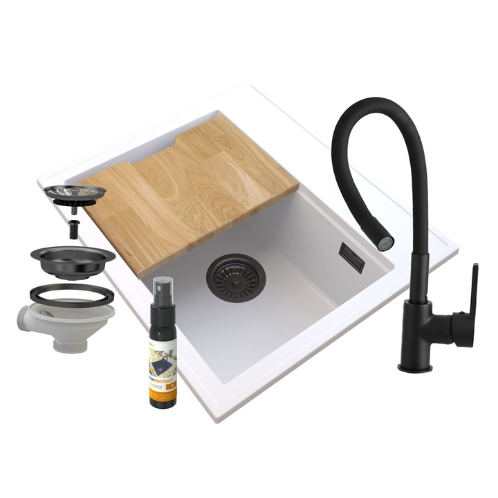 Set chiuveta bucatarie, Granitan, Granit, Montare pe blat, 565x505 mm, Alb