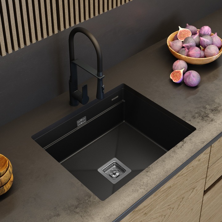 Chiuveta Bucatarie, Granitan, EPIR 60, O Singura Cuva, Montaj Sub Blat Sau Pe Blat, Sifon Manual Patrat Crom, Kit Impregnare GraniProtect, Design Minimalist Modern, 600x500mm, Negru