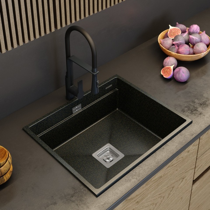 Pachet chiuveta bucatarie Epir 60 + Baterie Vegas, Granitan, Compozit granit, 600x500 mm, Adancime 210 mm, Undermount, Negru cu pete albe