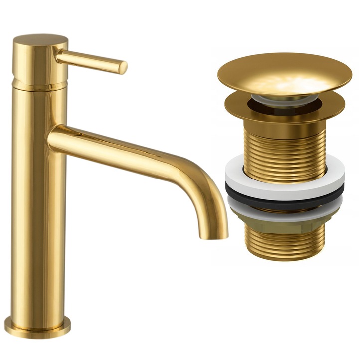 Set Pentru Baie, Baterie Inalta Pentru Chiuveta, Kivo, Dop Click-clack Fara Preaplin, Design Elegant, Calitate Superioara, Cartus Ceramic, Aerator Interschimbabil, Montaj Usor, Ideal Pentru Interioare Moderne, Auriu