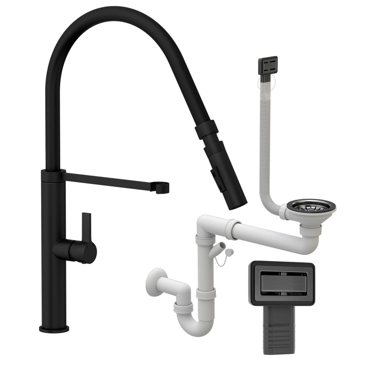 Mosogatócsap/szifon készlet, Gránit, Sárgaréz/PVC, Fekete