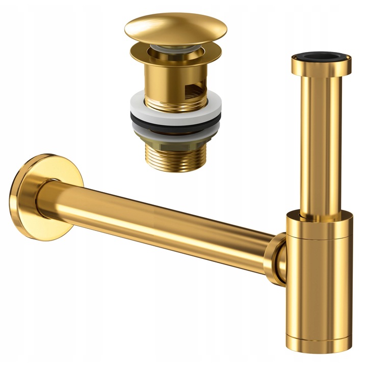 Set Sifon Chiuveta + Dop Click-clack Cu Preaplin, Rezistent La Temperatura Ridicata Si Zgarieturi, Pentru Chiuvete Cu Sau Fara Preaplin, Calitate Superioara, Kit De Montare, Raza De Actiune Reglabila, Filet Standard, Auriu