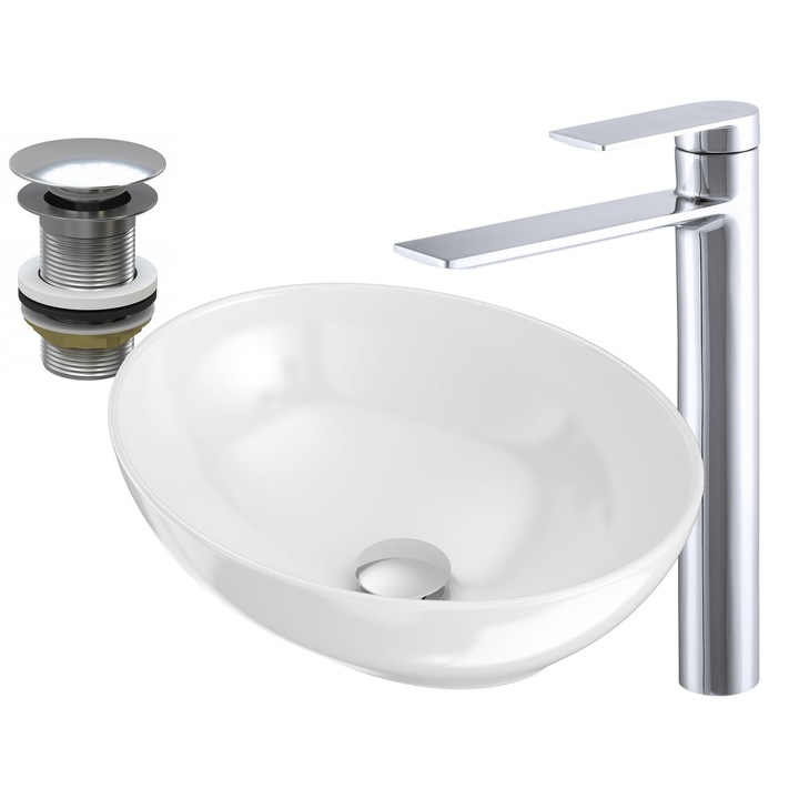 Комплект мивка/смесител, Granitan, Керамика/Метал, Бял/Сребрист