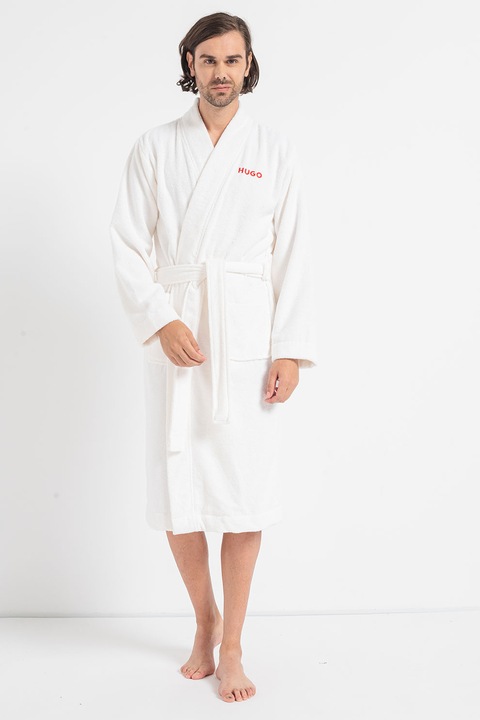 HUGO, Halat de baie din material terry cu logo, Alb optic, M