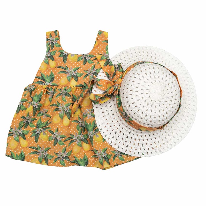 Rochita bebe cu palarie Penelope, Motat, 2 piese, bumbac, 12 luni, galben