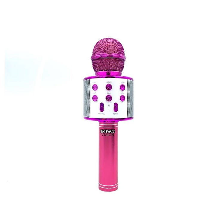 Impact Vision vezeték nélküli karaoke mikrofon gyerekeknek, beépített hangszóró, SD kártya, USB, Aux, többfunkciós, sztereó, rózsaszín