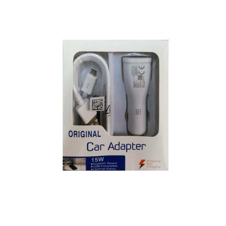 Autós töltő 15 W adaptív gyorstöltő USB MicroUSB kábellel, fehér buborékfóliával