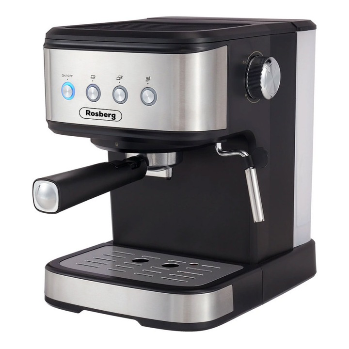 Espressor de cafea Rosberg Premium RP51171F, 1.2 L, 20 bar, 110W, Disc crema, Negru/Inox