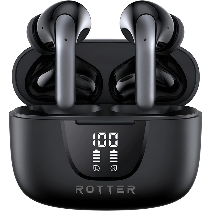 Vezeték Nélküli Bluetooth ROTTER®️ Fülhallgató, Fejlett Zajszűréssel, Audio, Vezeték Nélküli, In-Ear, Digitális Kijelző, Bluetooth 5.4, 42 Óra Üzemidő, HD Mikrofon, Érintésvezérlés, 45 MS Késleltetés, Vízálló, Sportoláshoz, Összeegyeztethető, Fekete