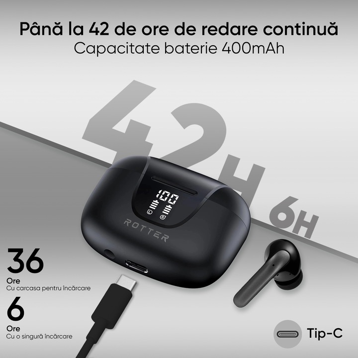 Casti wireless ROTTER®️ cu izolare a zgomotului, In-ear Bluetooth, Casti Wireless Audio, Fara fir, Afisaj Digital, Casti Bluetooth 5.4, Autonomie Bluetooth 42 ore, Microfon Audio HD, Control touch, Latenta Wireless 45 ms, IPX4, Sport, Universale, Negru