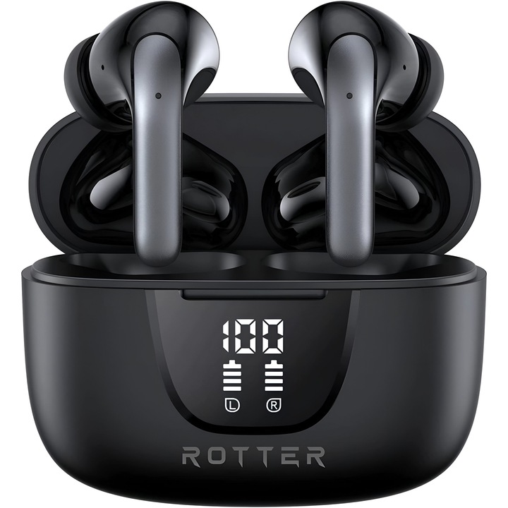 Casti wireless ROTTER®️ cu izolare a zgomotului, In-ear Bluetooth, Casti Wireless Audio, Fara fir, Afisaj Digital, Casti Bluetooth 5.4, Autonomie Bluetooth 42 ore, Microfon Audio HD, Control touch, Latenta Wireless 45 ms, IPX4, Sport, Universale, Negru