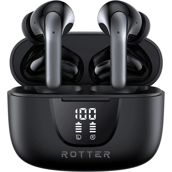 Casti Bluetooth ROTTER® cu anularea zgomotului imbunatatita, Autonomie 42 ore, Microfon dublu, CVC 8.0, Control prin atingere, Afisare LED, Bluetooth 5.3, Latenta de 45 ms, Universale, Negru