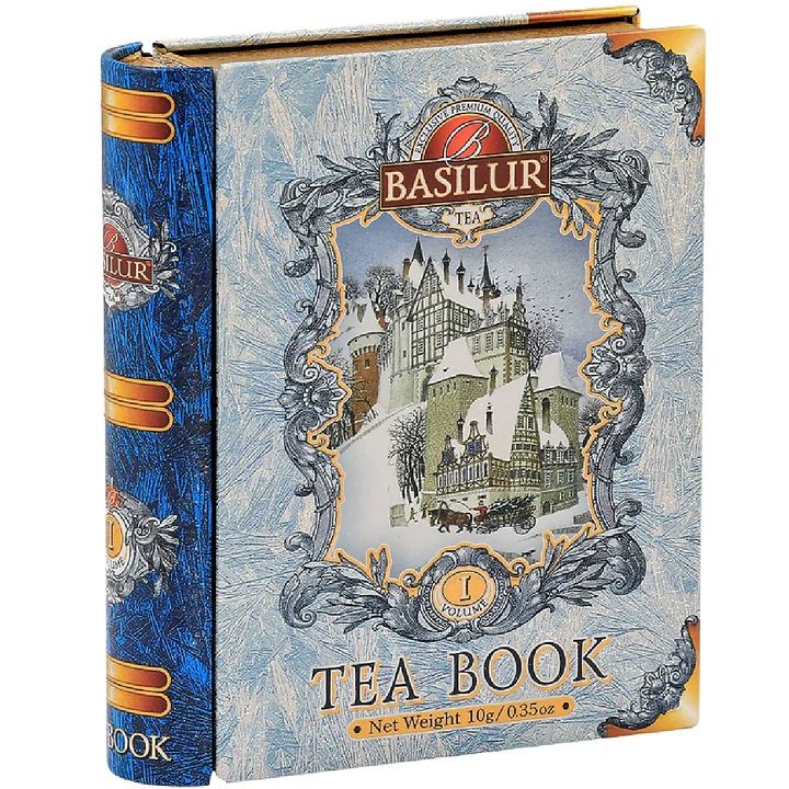 Ceai negru ceylon "Mini Tea Book" vol1 cu Iasomie, Floare de colt, Migdale prajite, carte metalica, 5 plicuri piramida, Basilur Tea