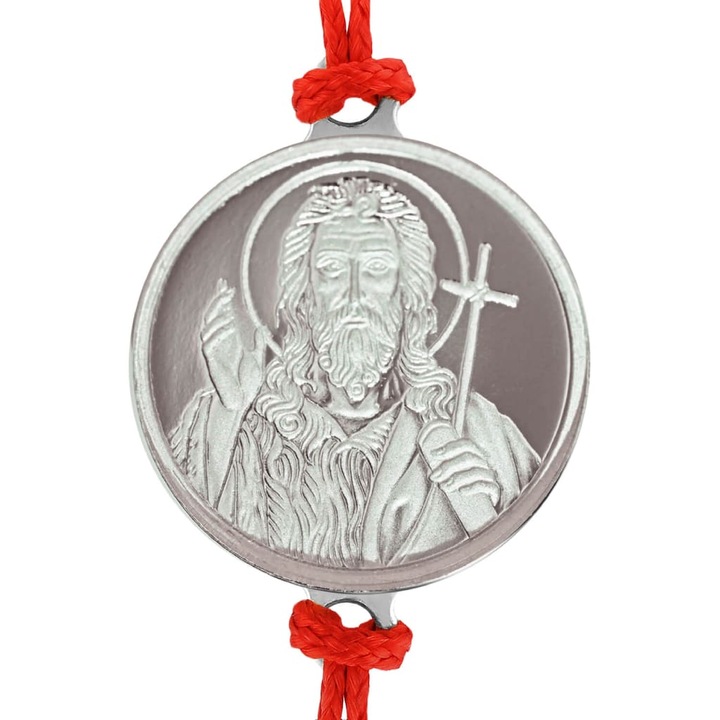 Piros zsinór karkötő ezüst érmével Keresztelő Szent János 16 mm, ~1, 2 g., 0, 04 oz