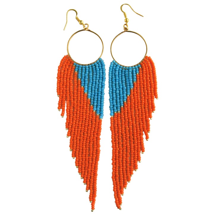 Cercei lungi din margele, CatE, sticla, albastru/portocaliu, 15.5 x 3.1 cm, handmade