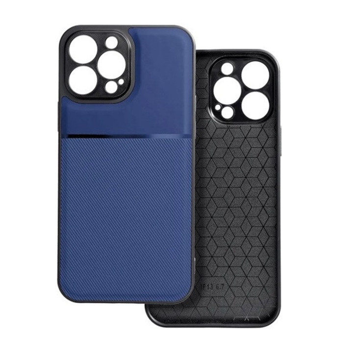 Samsung Galaxy A14 5G (SM-A146), Samsung Galaxy A14 4G (SM-A145) Műanyag telefonvédő (szilikon keret, közepesen ütésálló, beépített fémlemez, bőr hatású hátlap, csíkos minta) SÖTÉTKÉK