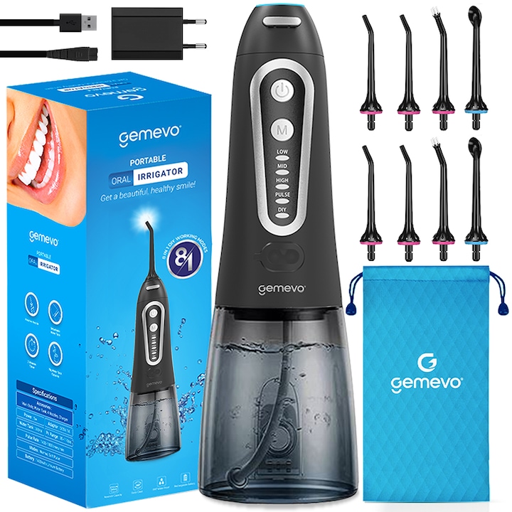 Irigator Oral Profesional pentru Dus Bucal, Gemevo® Family, 5 TREPTE de presiune, 12 niveluri de intensitate, Mod DIY, IPX8, fara fir, Rezervor 300 ML