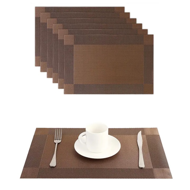 Set 6 suporturi farfurii, Izolatie termica, Rezistenta la pete, PVC/Poliester, 30x45 cm, Maro