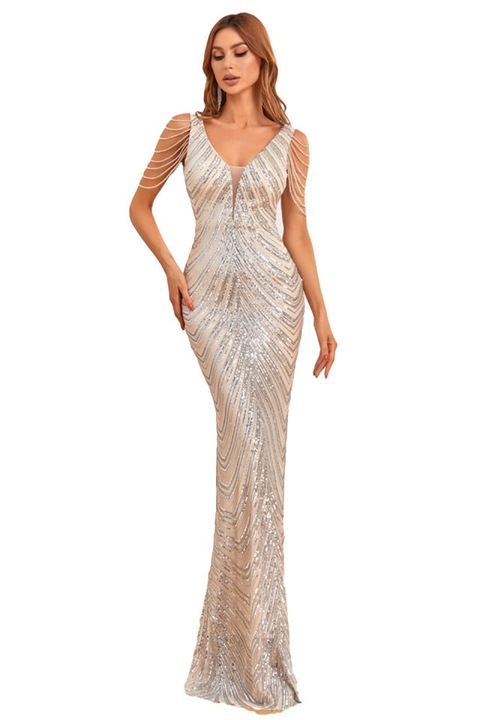Дълга бойна рокля Аня, с пайети и ръчно изработени кристали, Кремава, Универсален размер 3XL/4XL