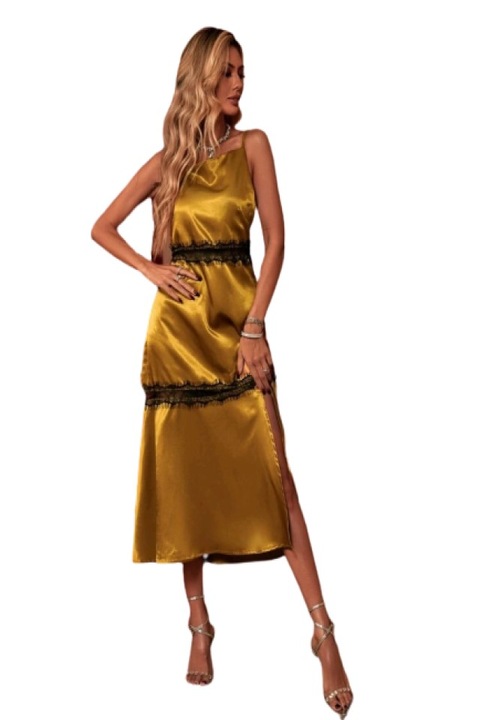 Rochie eleganta midi cu aplicatii de dantela si crapatura pe picior, culoare auriu, marimea S
