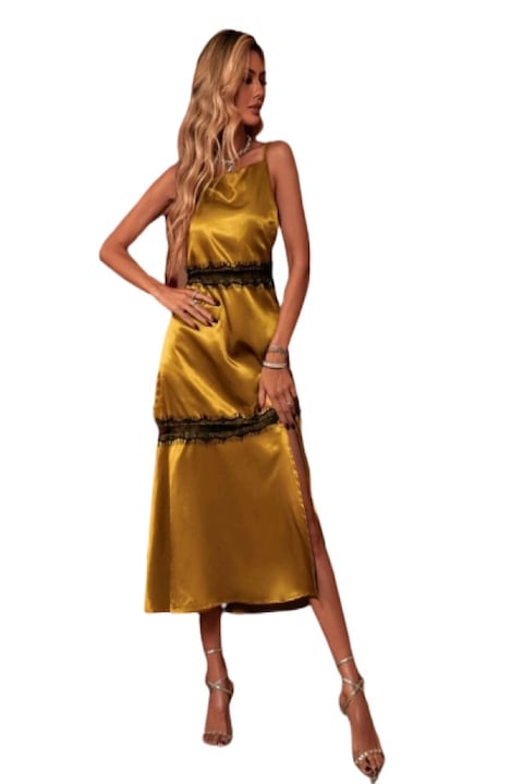Елегантна миди рокля с дантелени апликации и цепка на крачола цвят златисто размер S