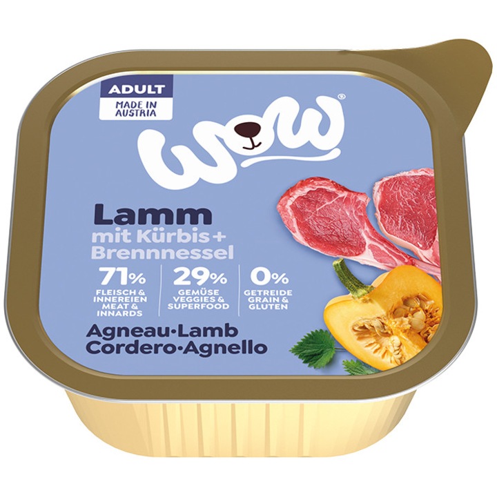 Hrana Umeda pentru Caini Adulti, WOW, Miel, Dovleac, Urzici, 150g
