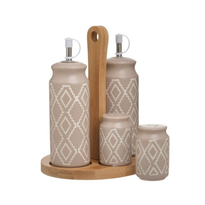 Set oiliviera 4 piese din portelan bej cu modele traditionale albe si suport de lemn