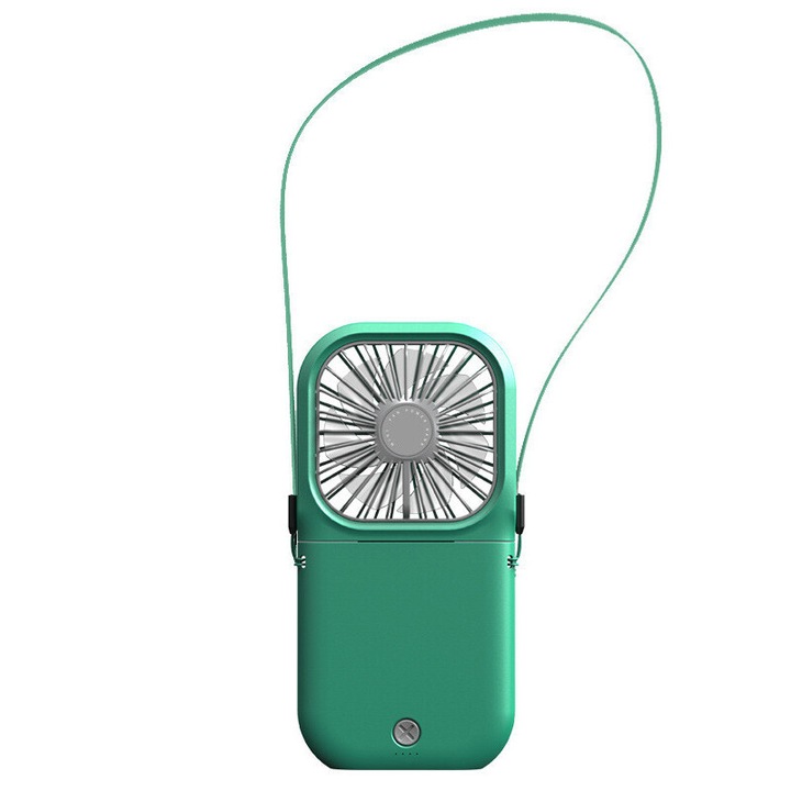 Ventilator portabil pliabil cu suport, YWX, Incarcare USB, Putere 5W, 3 Viteze, Cu cordon, Baterie 3000mAh, Poate incarca telefonul mobil, Material Plastic, Verde