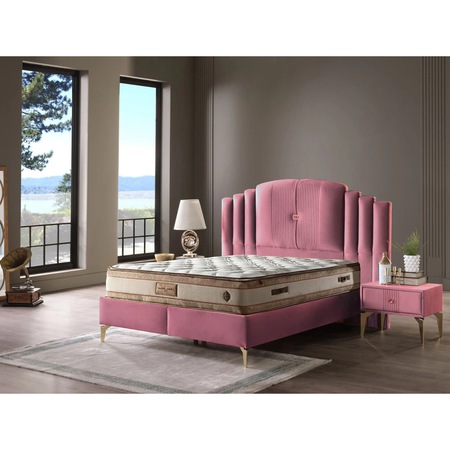 Set Pat tapitat cu saltea inclusa, VRN, catifea, roz, 180 x 200 cm