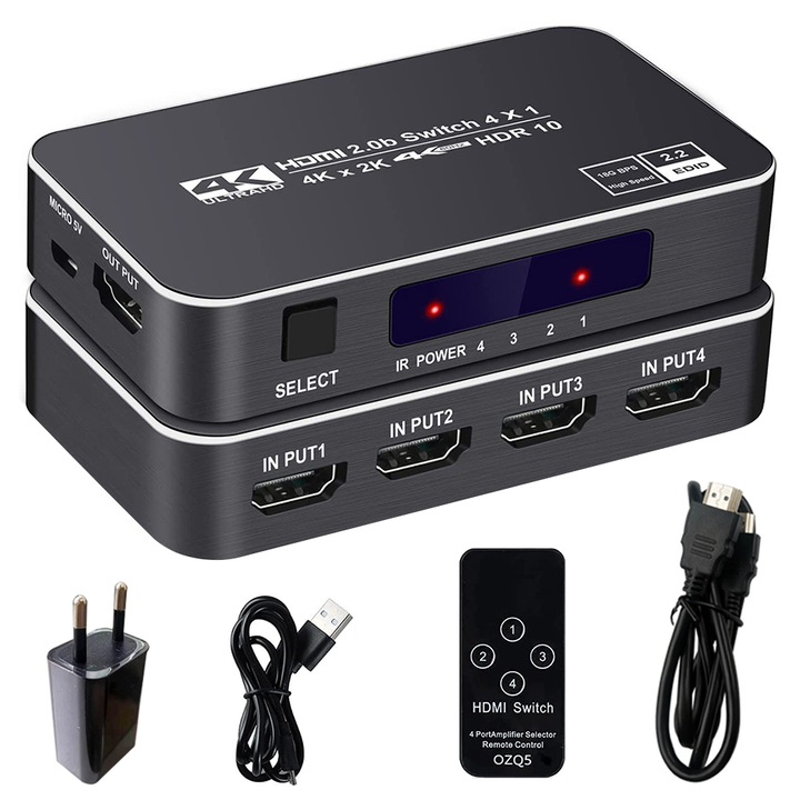 Comutator Switch HDMI 2.0, KVM 4 In 1 Out cu telecomanda, 4K 60HZ, HDCP 2.2, HDR 10, 3D, 18Gbps, Negru