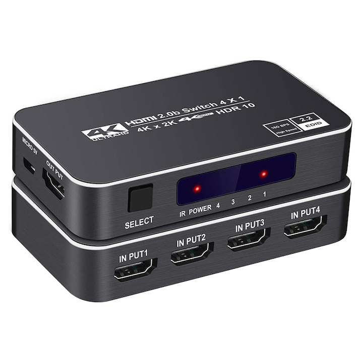 Comutator Switch HDMI 2.0, KVM 4 In 1 Out cu telecomanda, 4K 60HZ, HDCP 2.2, HDR 10, 3D, 18Gbps, Negru