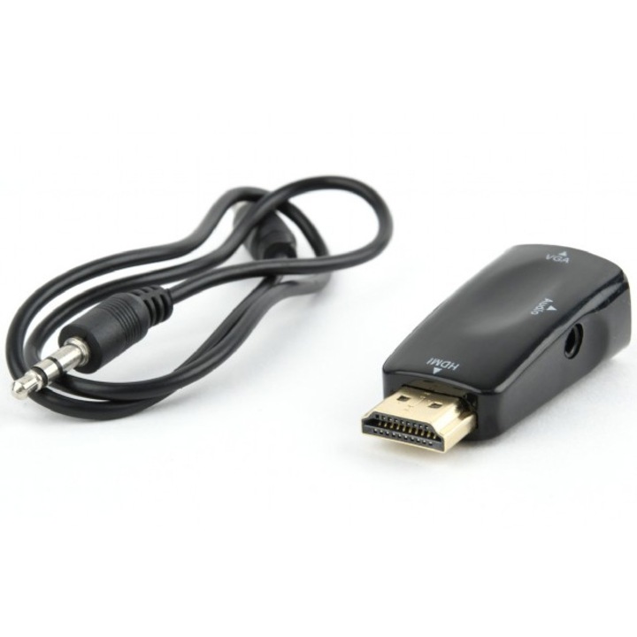 Adaptor video Gembird HDMI (T) la VGA (M), rezoluție maximă Full HD la 60Hz, negru, A-HDMI-VGA-02