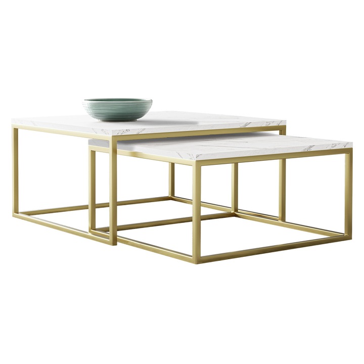 Set 2 bucati masuta Mirlik, MIRJAN 24, 76x76x35 cm, auriu / marmura alba
