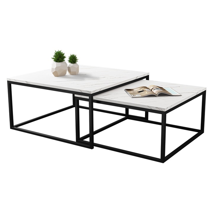 Set 2 bucati masuta Mirlik, MIRJAN 24, 76x76x35 cm, negru / marmura alba