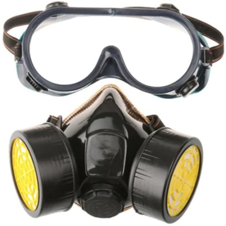 Set masca si ochelari, pentru pentru lucru in mediu chimic, vapori vopsea sau praf, cu 2 filtre cu carbon activ, negru