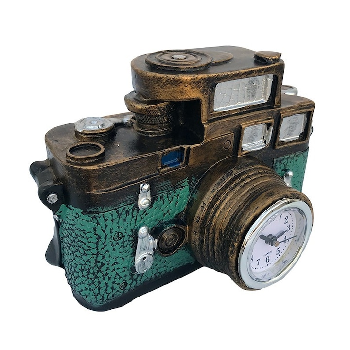 Pusculita din rasina in forma de aparat foto, cu ceas, Turcoaz antichizat, 16x12 cm