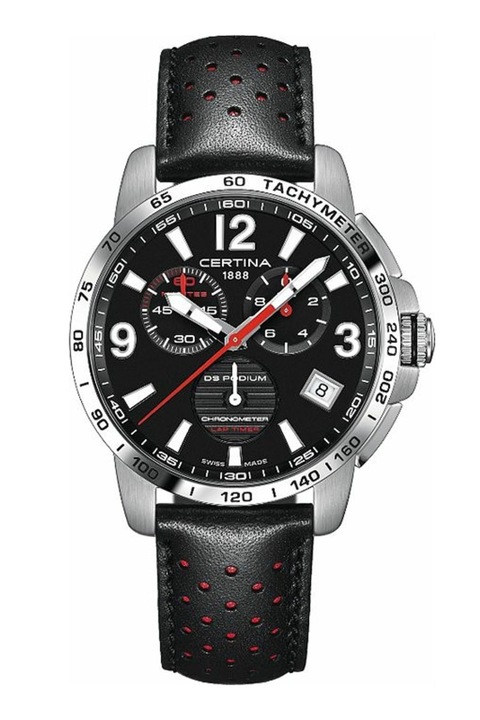 Certina, Часовник с хронограф и кожена каишка, Черен