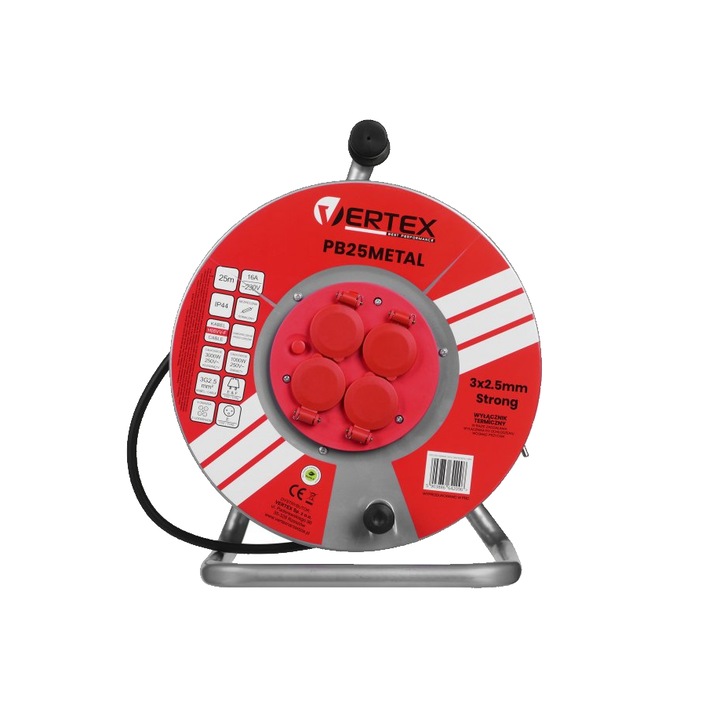 Elektromos hosszabbító kábel tekercs 25M fémváz 3x2,5, Vertex