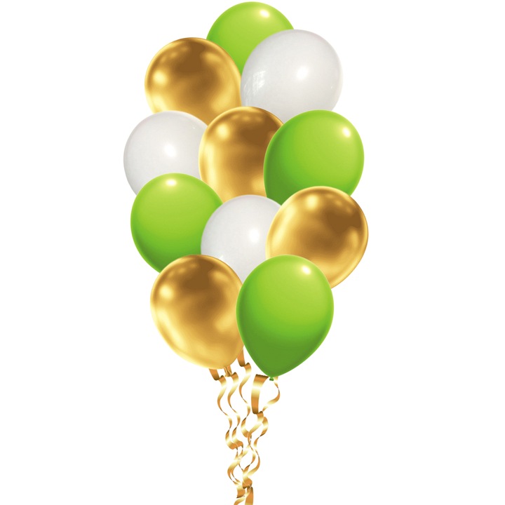 Set 12 baloane, petrecere aniversara, Auriu/Alb/Verde, 30cm, Ropet