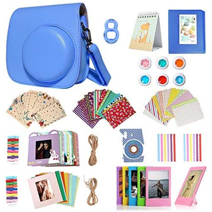 Set accesorii pentru Fujifilm Instax Mini 12, Mini 11, Mini 9, Mini 8, Mini 8s, 13 in 1, cu carcasa pentru camera, Album, Lentila selfie, 6 Filtre colorate, Autocolante, Sticker cadru, Album, Albastru