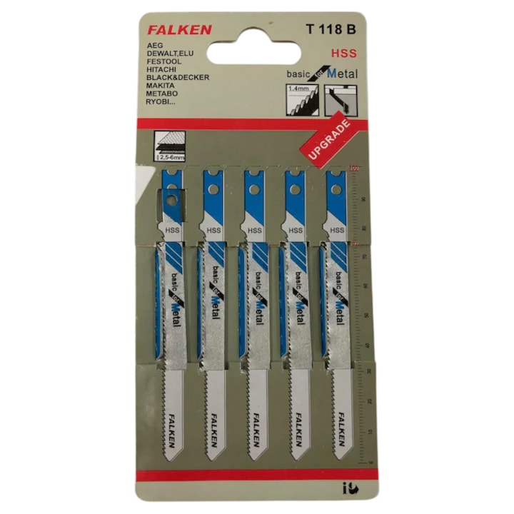 Set 5 panze pendular FALKEN T118B by JOKA Germany, pentru metal si fier, din HSS, prindere T-shank, 92mm, 2mm pas dinti, taiere fina in metal subtire, compatibile universal