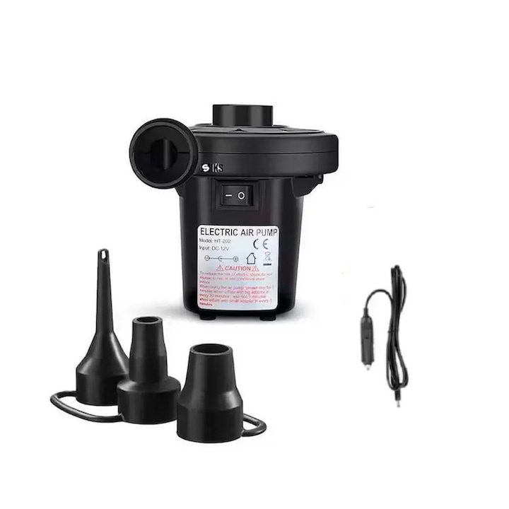 Pompa Electrica SIKS Pentru Umflat Si Dezumflat Saltele, 3 Duze, Buton On / Off, Portabil, Alimentare Priza Auto, Negru