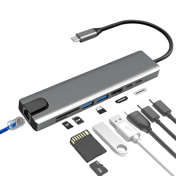 Hub USB Adaptor Tip C, Printery®, 8 Porturi, USB 3.0, Mufa Internet, 1000 Mbps, Compatibil Macbook, Universal, Argintiu