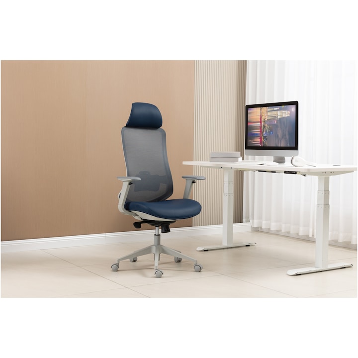 Scaun birou ergonomic Kring Thor, mesh/PU, brate 4D, inclinare spatar, Albastru