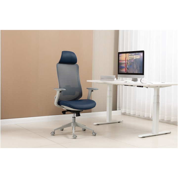 Scaun birou ergonomic Kring Thor, mesh/PU, brate 4D, inclinare spatar, Albastru
