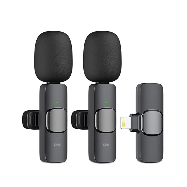 Set 2 microfoane tip lavaliera, KINSI, wireless, lightning, Negru